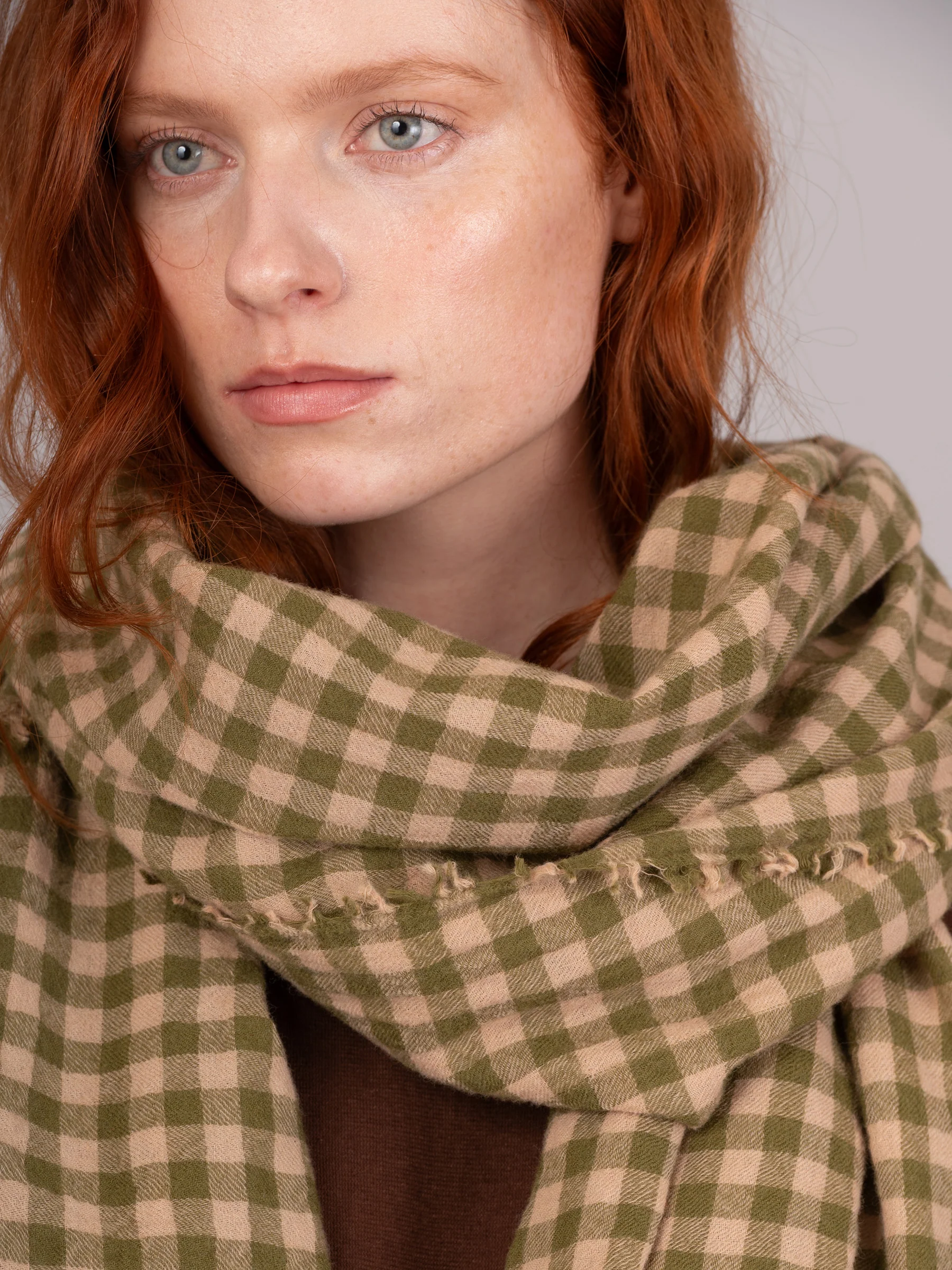 Boiled Wool Silk Blend Green Check Scarf - Image 3
