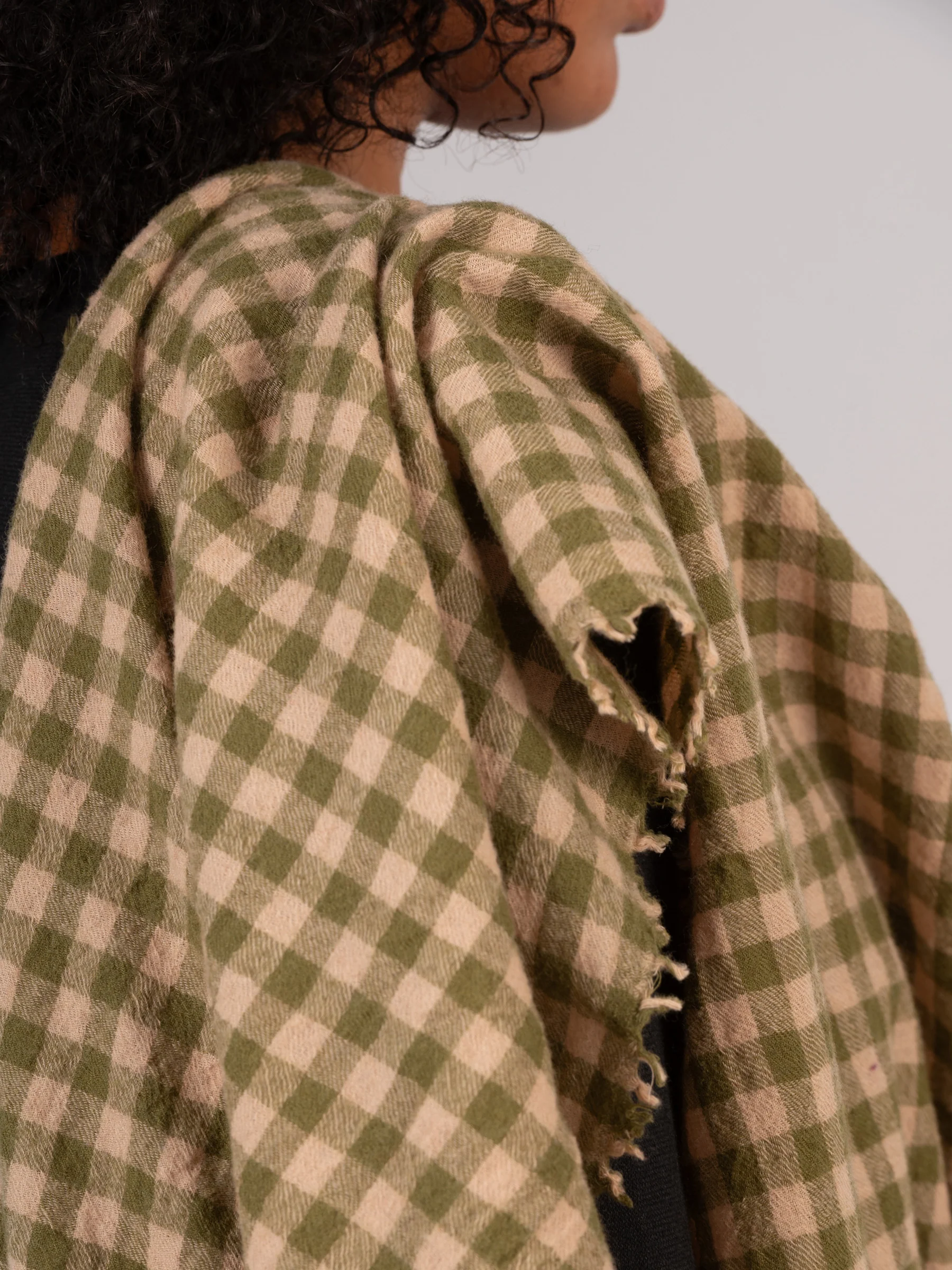 Boiled Wool Silk Blend Green Check Scarf - Image 4