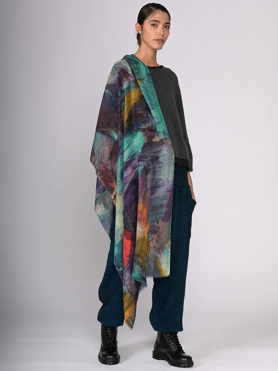 Silk Fine Wool Blend Print Scarf - Watercolour - Image 3
