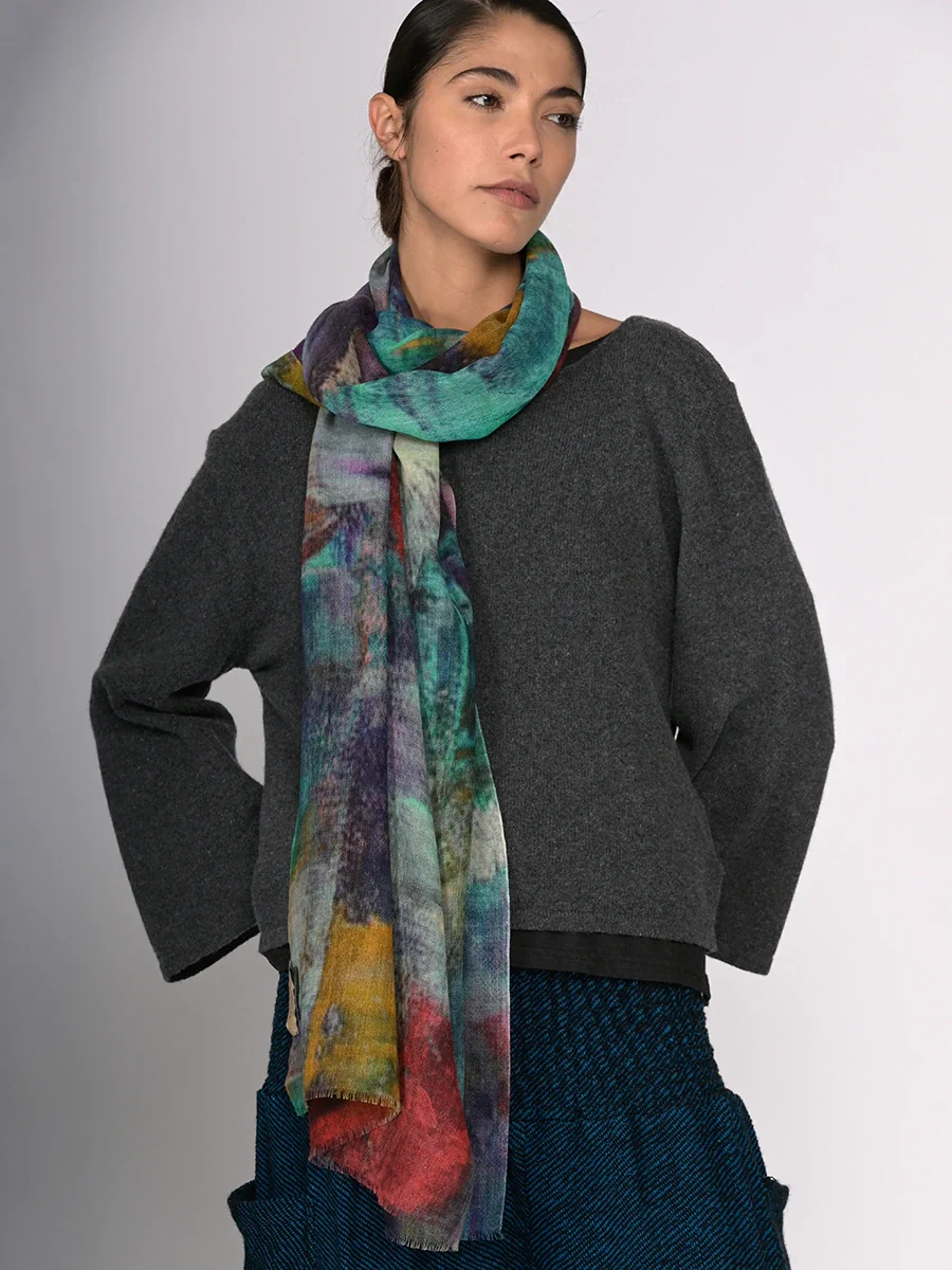 Silk Fine Wool Blend Print Scarf - Watercolour - Image 4