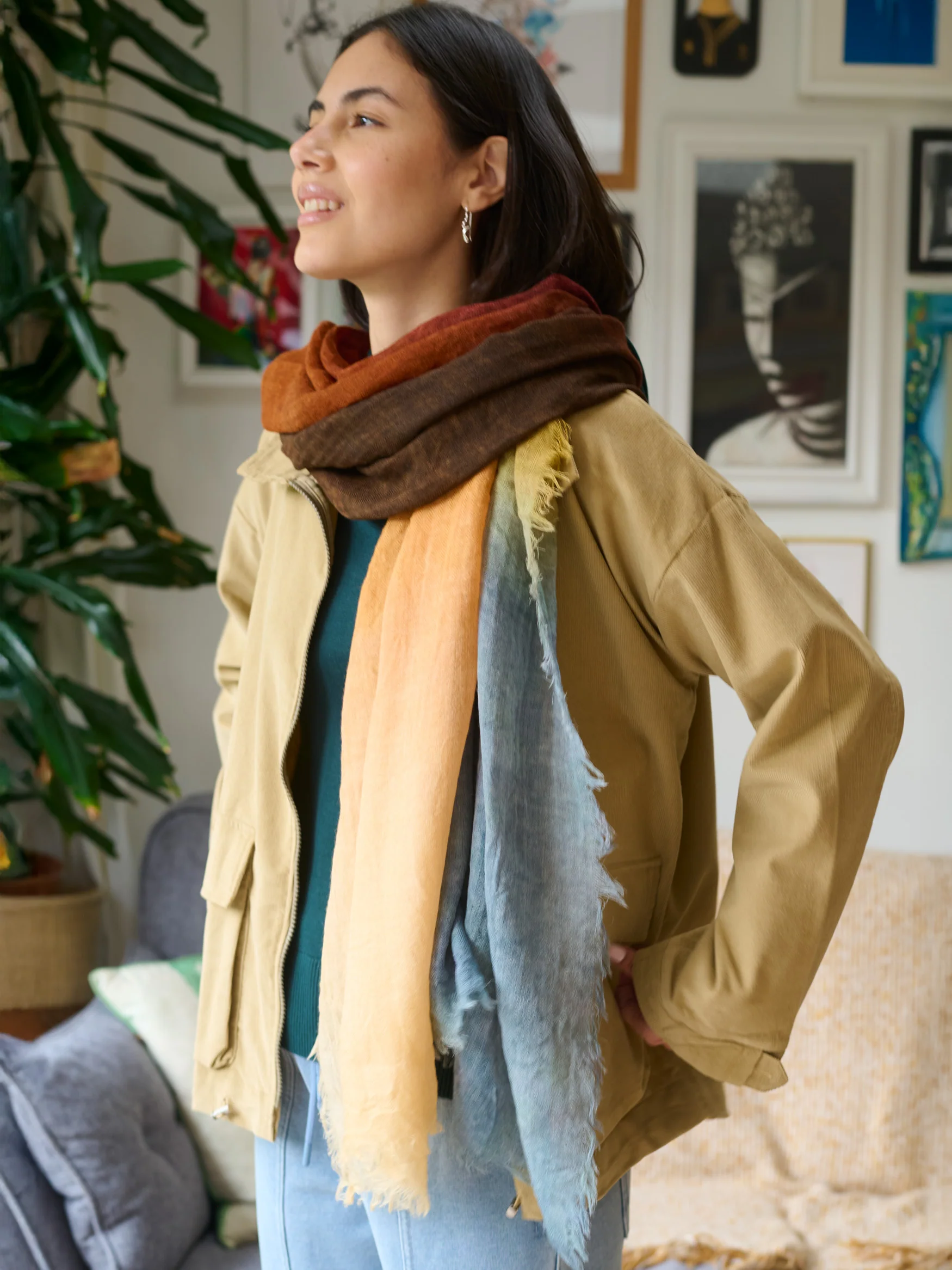 Fine Wool Print Scarf - Gradient Colour Work - Image 3