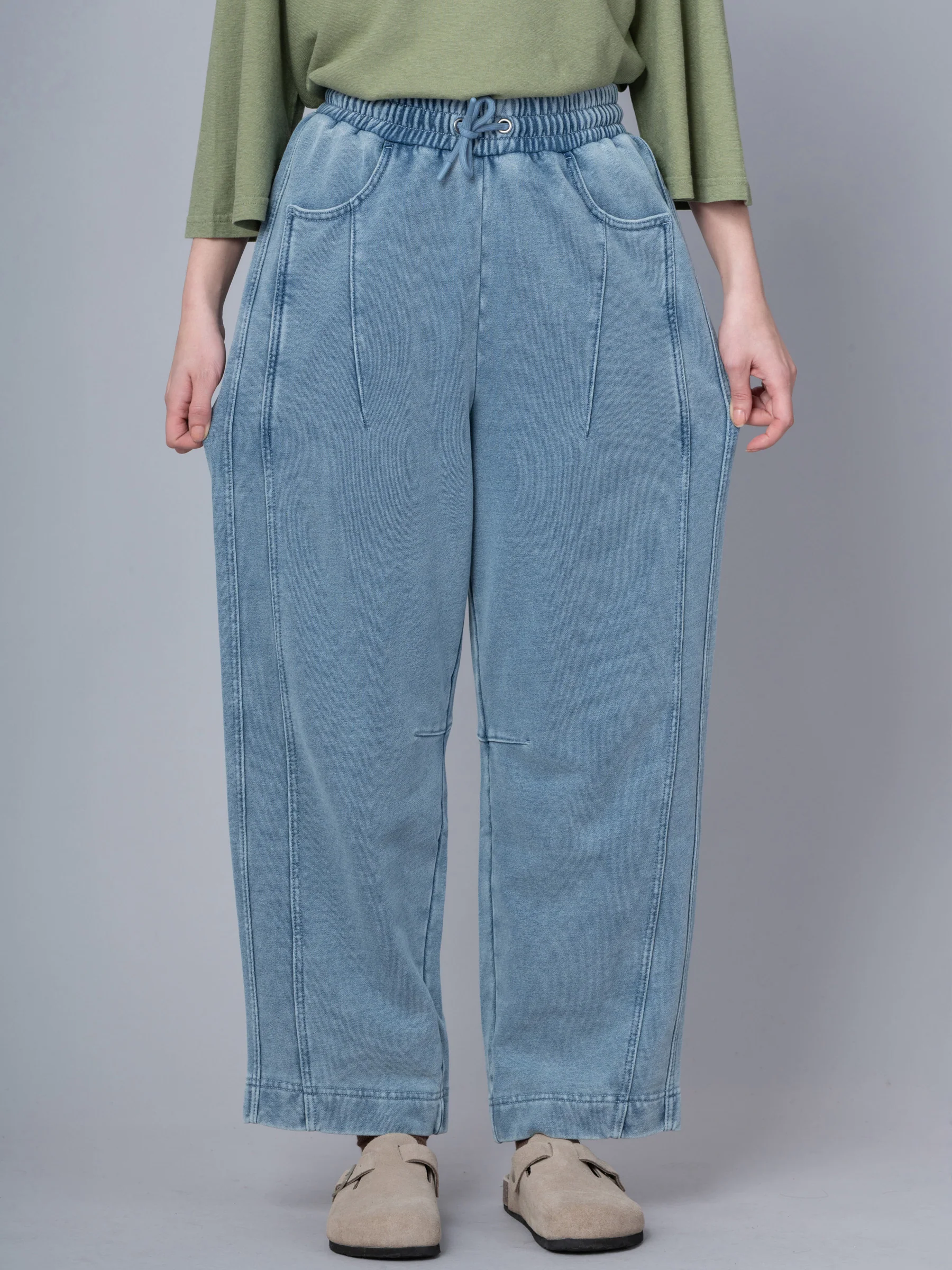 Paxi - Denim Wash French Terry Barrel Leg Trousers - Image 3