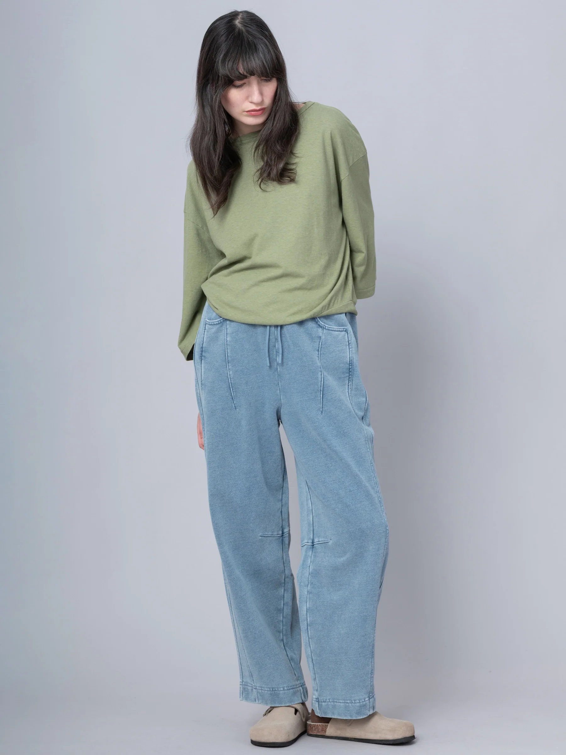 Paxi - Denim Wash French Terry Barrel Leg Trousers - Image 4