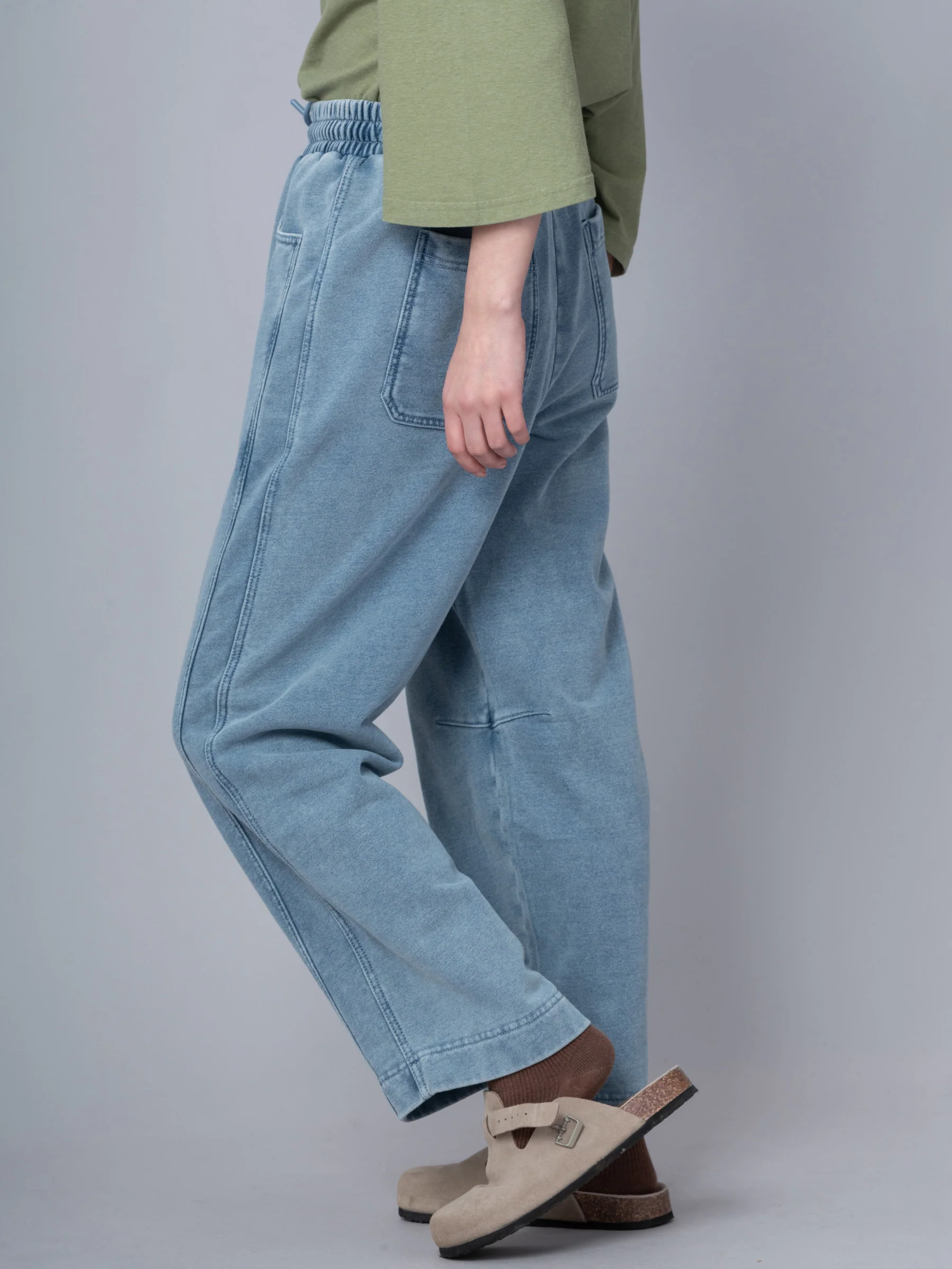Paxi - Denim Wash French Terry Barrel Leg Trousers - Image 7