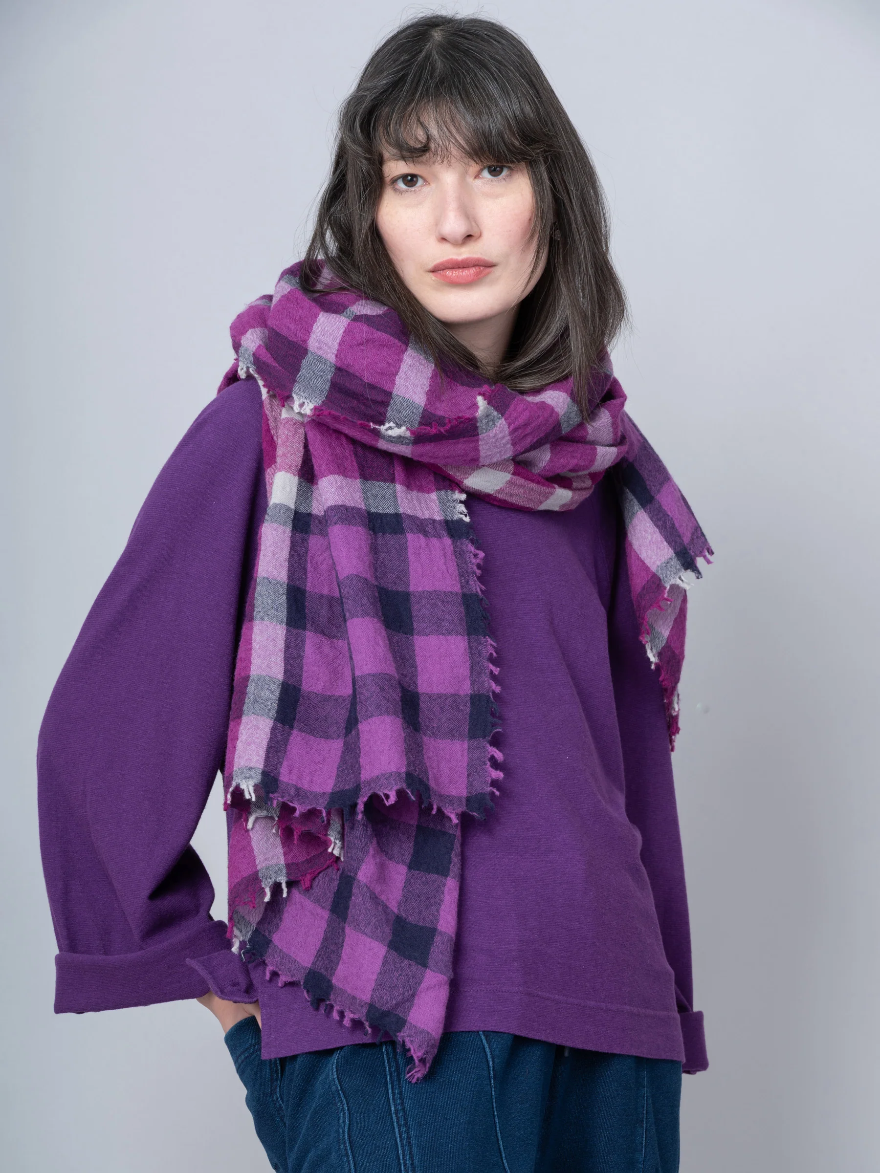 Pure Boiled Wool Purple Check Scarf - Image 3