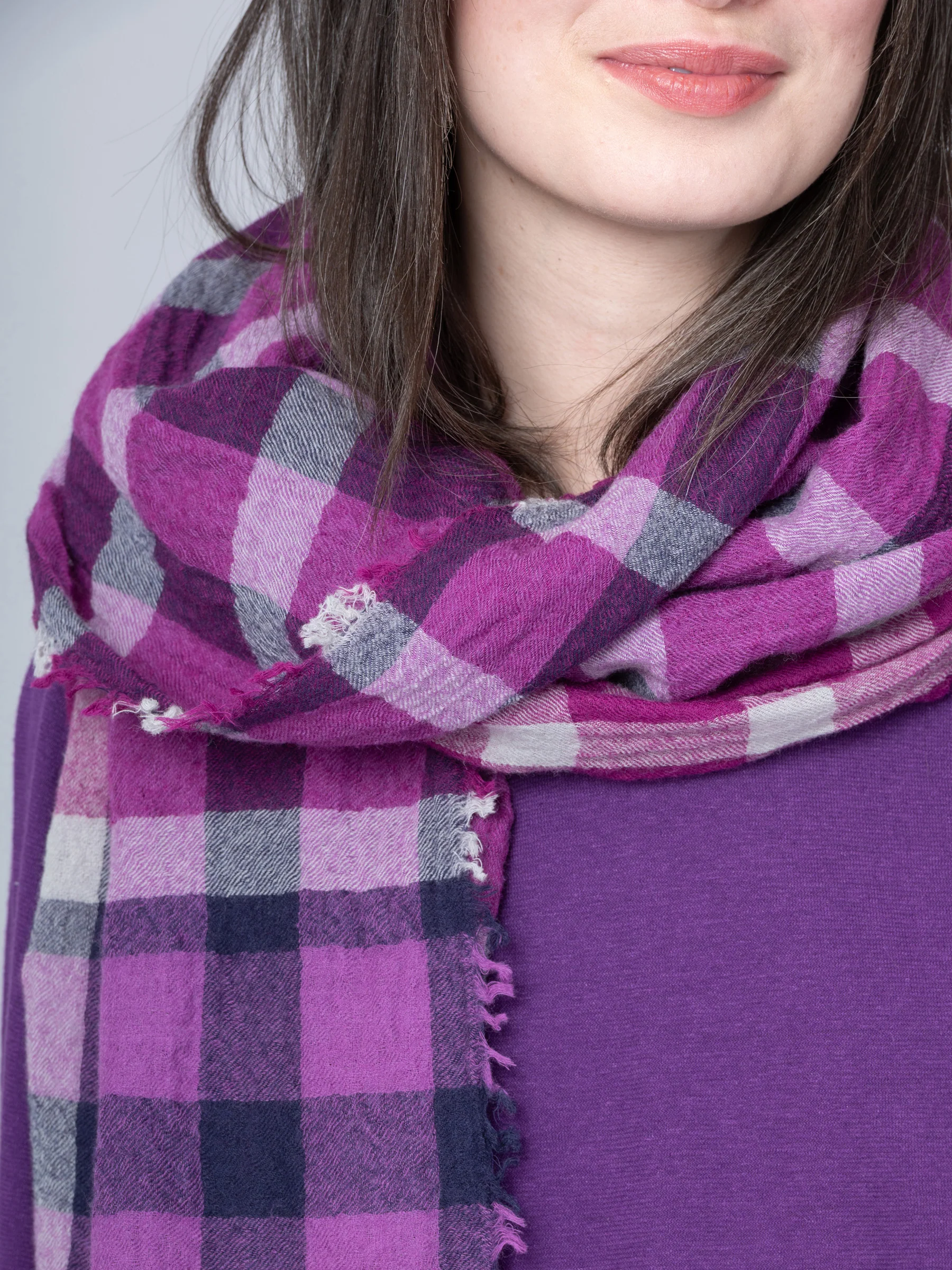 Pure Boiled Wool Purple Check Scarf - Image 4