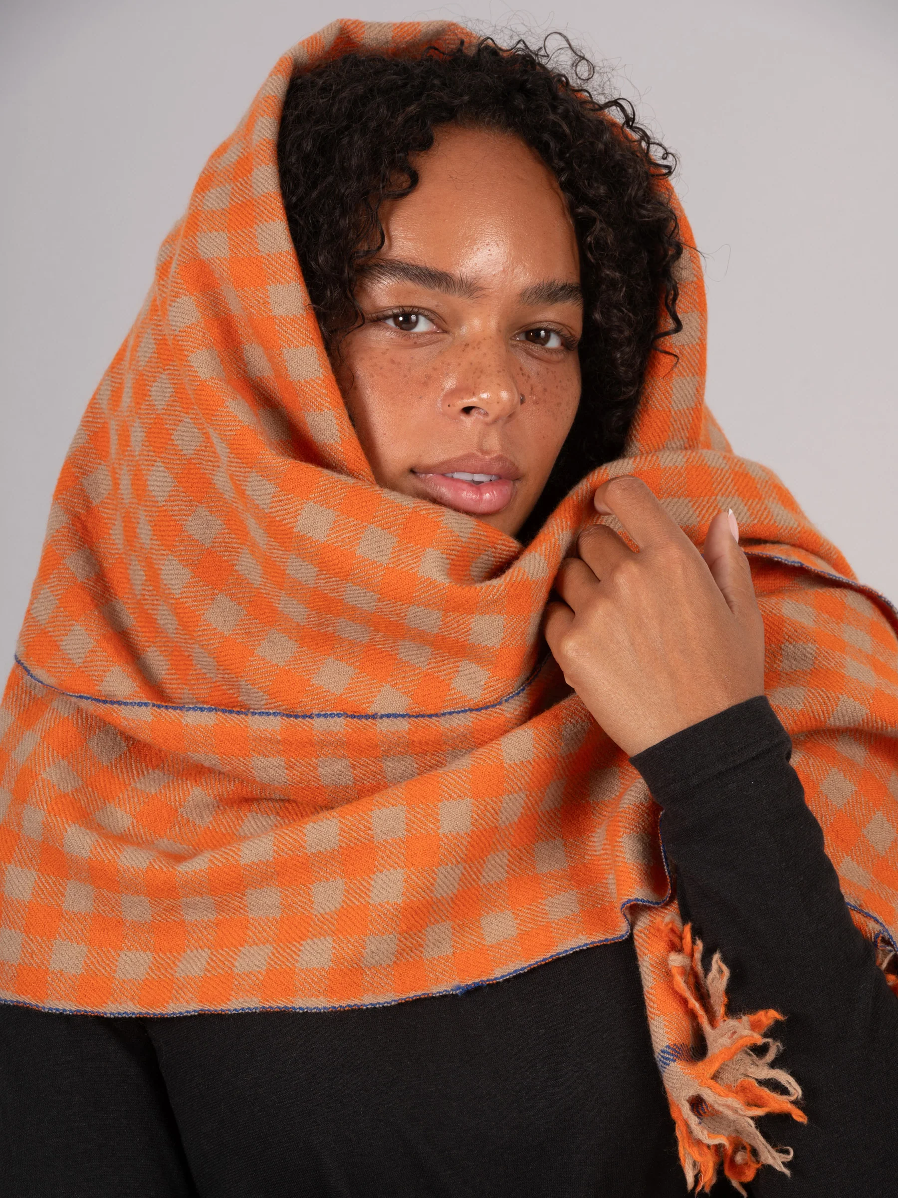 Pure Wool Orange Check Scarf - Image 3