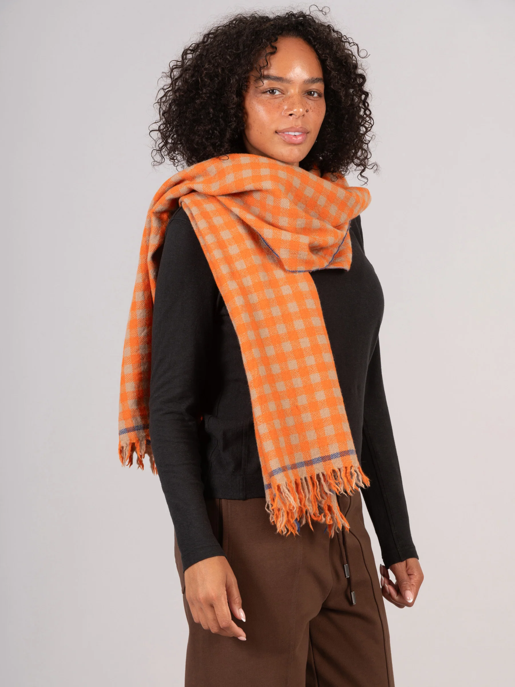 Pure Wool Orange Check Scarf - Image 4