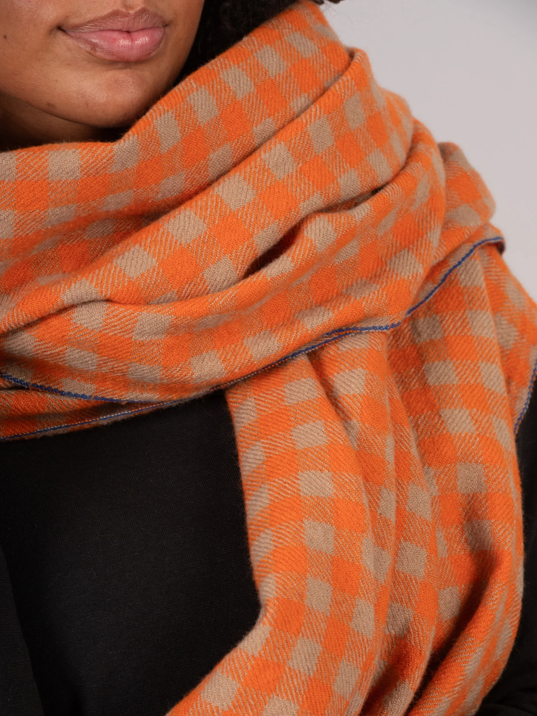 Pure Wool Orange Check Scarf - Image 6